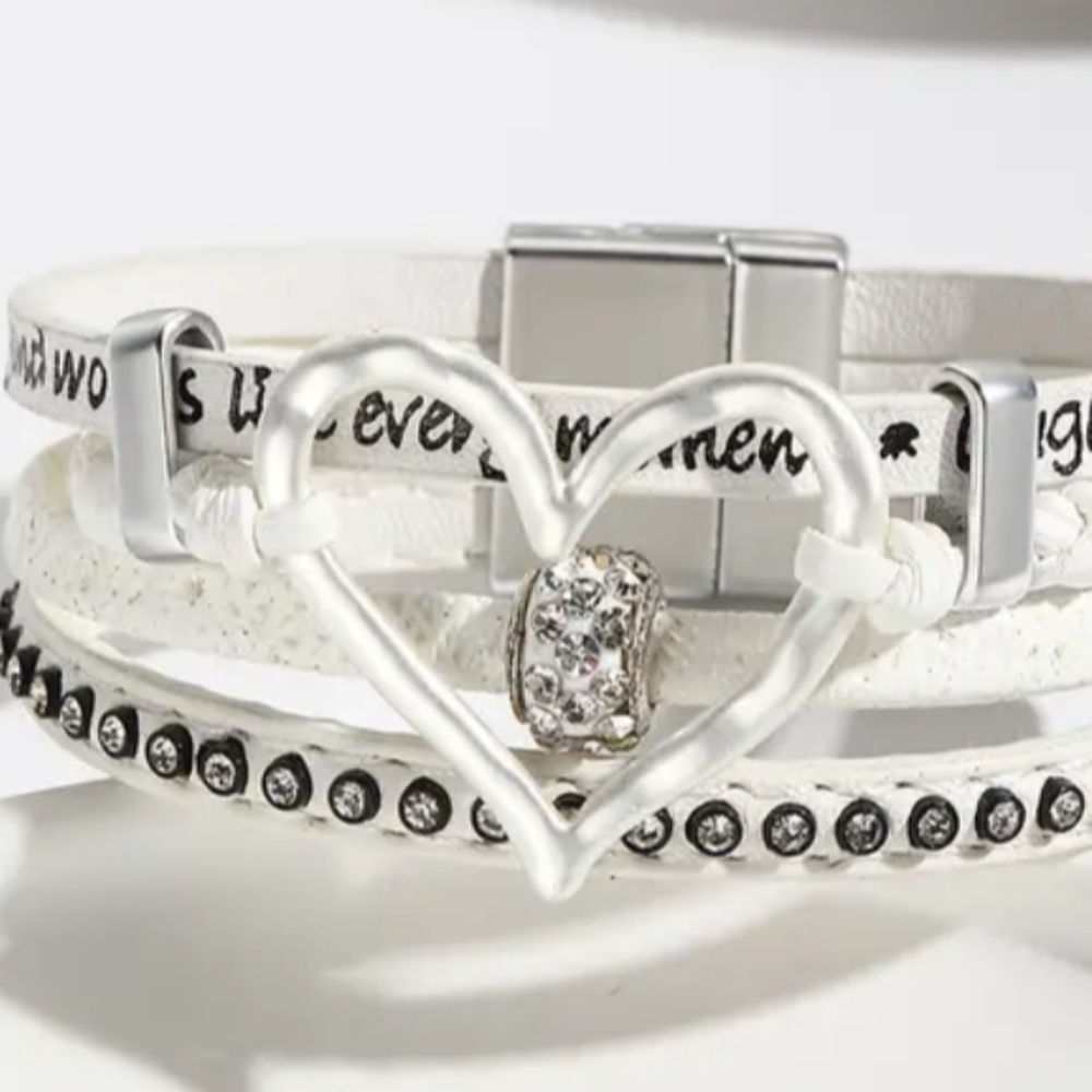 2/$40 Silver and White Heart Charm‎ Gift Holiday Bracelet-(#0273)